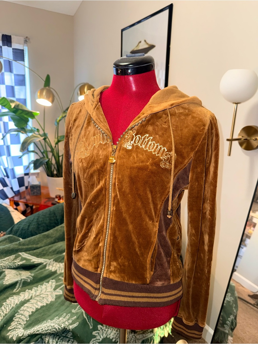 Y2K Apple Bottoms Brown Velour Zip-Up Cuffed Hoodie with back logo
